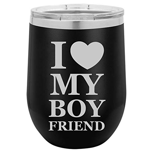 12 oz Double Wall Vacuum Insulated Stainless Steel Stemless Wine Tumbler Glass Coffee Travel Mug With Lid I Love My Boyfriend (Black)