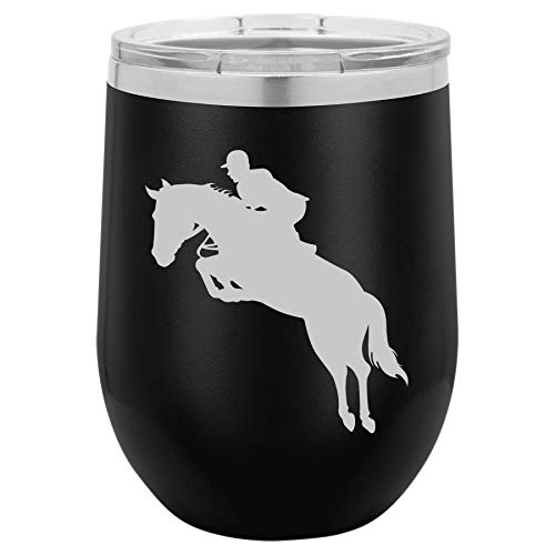 12 oz Double Wall Vacuum Insulated Stainless Steel Stemless Wine Tumbler Glass Coffee Travel Mug With Lid Jockey Horse With Rider (Black)