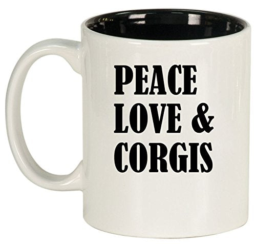 Ceramic Coffee Tea Mug Cup Peace Love & Corgis (White)