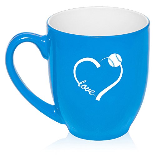 16 oz Large Bistro Mug Ceramic Coffee Tea Glass Cup Love Heart Baseball Softball (Light Blue)