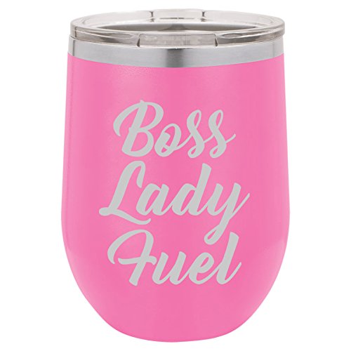 12 oz Double Wall Vacuum Insulated Stainless Steel Stemless Wine Tumbler Glass Coffee Travel Mug With Lid Boss Lady Fuel (Hot-Pink)