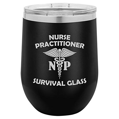 12 oz Double Wall Vacuum Insulated Stainless Steel Stemless Wine Tumbler Glass Coffee Travel Mug With Lid Nurse Practitioner NP Survival Glass Funny (Black)