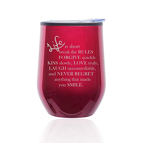 Stemless Wine Tumbler Coffee Travel Mug Glass With Lid Life Is Short Quote (Fuchsia)