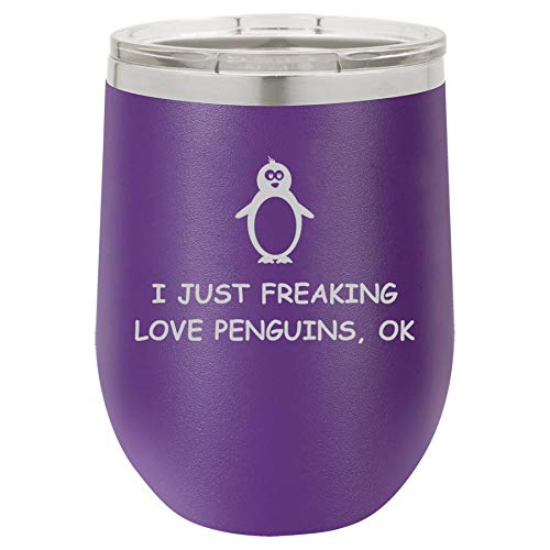 12 oz Double Wall Vacuum Insulated Stainless Steel Stemless Wine Tumbler Glass Coffee Travel Mug With Lid I Just Freaking Love Penguins Funny (Purple)