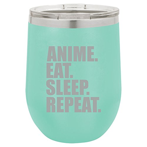 12 oz Double Wall Vacuum Insulated Stainless Steel Stemless Wine Tumbler Glass Coffee Travel Mug With Lid Anime Eat Sleep Repeat (Teal)