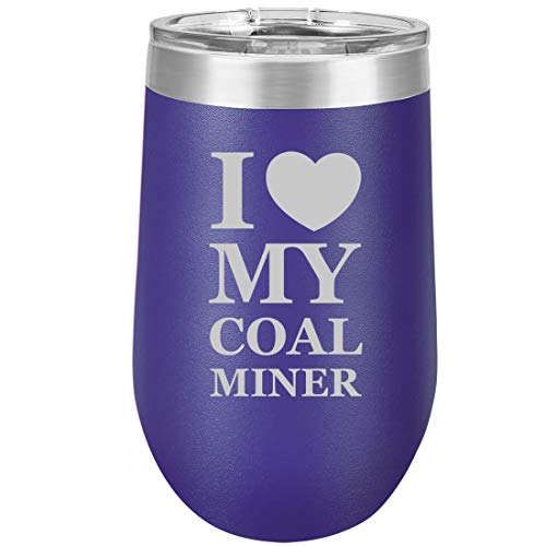 16 oz Double Wall Vacuum Insulated Stainless Steel Stemless Wine Tumbler Glass Coffee Travel Mug With Lid I Love My Coal Miner (Purple)