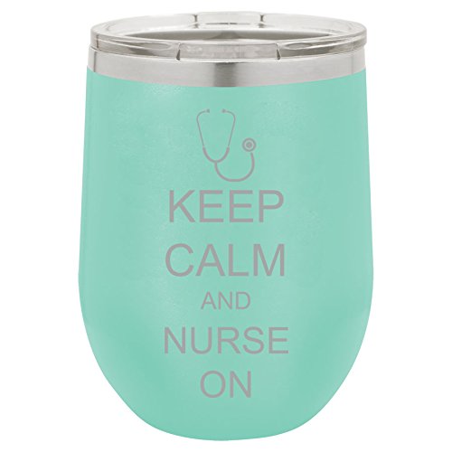 12 oz Double Wall Vacuum Insulated Stainless Steel Stemless Wine Tumbler Glass Coffee Travel Mug With Lid Keep Calm And Nurse On (Teal)