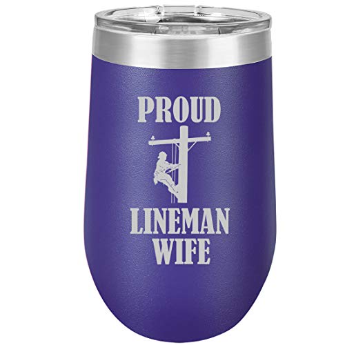 16 oz Double Wall Vacuum Insulated Stainless Steel Stemless Wine Tumbler Glass Coffee Travel Mug With Lid Proud Lineman Wife (Purple)