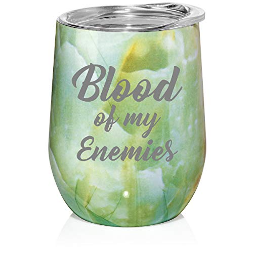 12 oz Double Wall Vacuum Insulated Stainless Steel Marble Stemless Wine Tumbler Glass Coffee Travel Mug With Lid Blood Of My Enemies (Turquoise Green Marble)