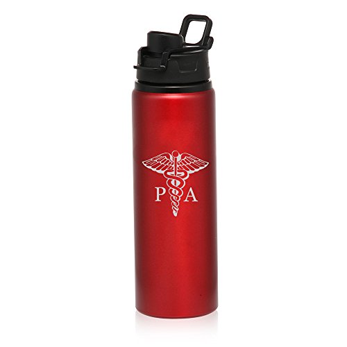 25 oz Aluminum Sports Water Travel Bottle PA Physician Assistant Caduceus (Red)