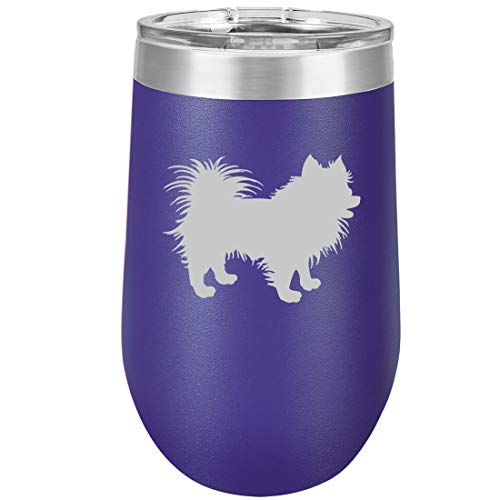 16 oz Double Wall Vacuum Insulated Stainless Steel Stemless Wine Tumbler Glass Coffee Travel Mug With Lid Pomeranian (Purple)