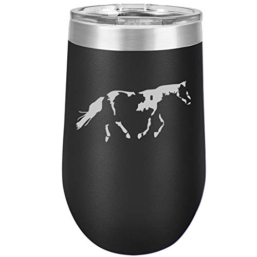 16 oz Double Wall Vacuum Insulated Stainless Steel Stemless Wine Tumbler Glass Coffee Travel Mug With Lid Paint Horse (Black)
