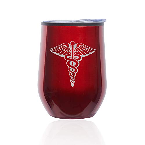 Stemless Wine Tumbler Coffee Travel Mug Glass With Lid Medical Symbol Caduceus Physician (Red)