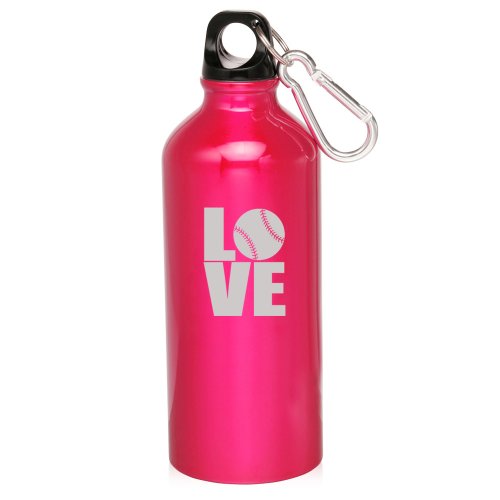 Hot Pink 20oz Aluminum Sports Water Bottle Caribiner Clip ZW380 Love Baseball Softball