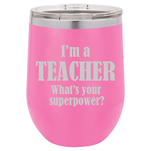 12 oz Double Wall Vacuum Insulated Stainless Steel Stemless Wine Tumbler Glass Coffee Travel Mug With Lid Teacher Superpower (Hot-Pink)