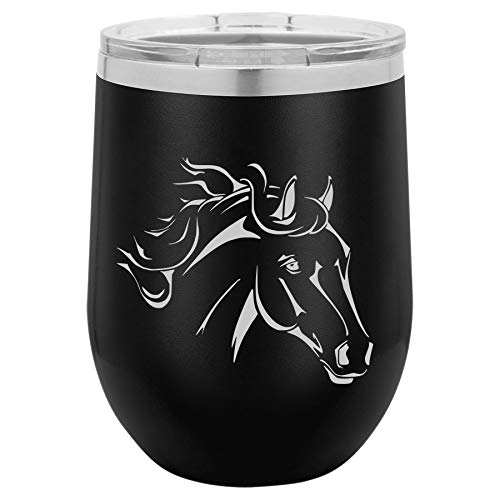 12 oz Double Wall Vacuum Insulated Stainless Steel Stemless Wine Tumbler Glass Coffee Travel Mug With Lid Horse Head (Black)