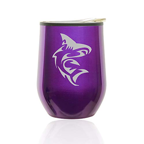 Stemless Wine Tumbler Coffee Travel Mug Glass With Lid Shark (Royal Purple)