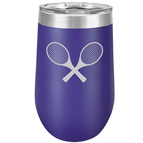 16 oz Double Wall Vacuum Insulated Stainless Steel Stemless Wine Tumbler Glass Coffee Travel Mug With Lid Tennis Racquets (Purple)