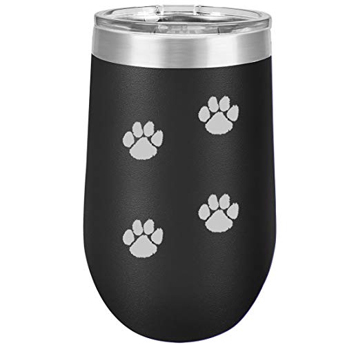 16 oz Double Wall Vacuum Insulated Stainless Steel Stemless Wine Tumbler Glass Coffee Travel Mug With Lid Paw Prints Walking (Black)
