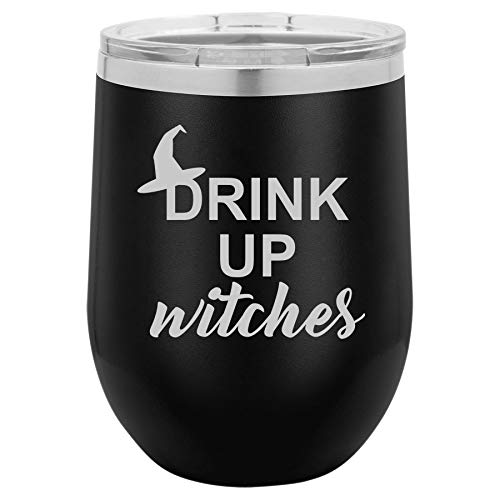 12 oz Double Wall Vacuum Insulated Stainless Steel Stemless Wine Tumbler Glass Coffee Travel Mug With Lid Drink Up Witches Funny Halloween (Black)