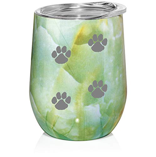 12 oz Double Wall Vacuum Insulated Stainless Steel Marble Stemless Wine Tumbler Glass Coffee Travel Mug With Lid Paw Prints Walking (Turquoise Green Marble)