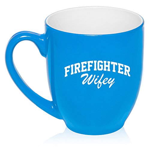 16 oz Large Bistro Mug Ceramic Coffee Tea Glass Cup Firefighter Wifey Wife (Light Blue)