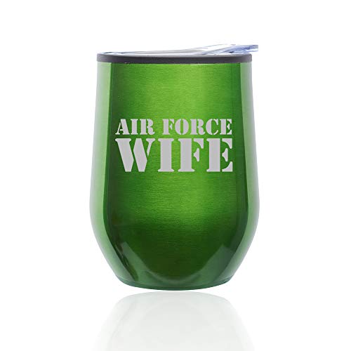 Stemless Wine Tumbler Coffee Travel Mug Glass With Lid Air Force Wife (Green)