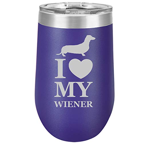 16 oz Double Wall Vacuum Insulated Stainless Steel Stemless Wine Tumbler Glass Coffee Travel Mug With Lid I Love My Wiener Dachshund (Purple)
