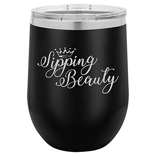 12 oz Double Wall Vacuum Insulated Stainless Steel Stemless Wine Tumbler Glass Coffee Travel Mug With Lid Sipping Beauty Funny (Black)