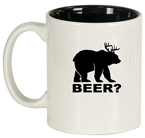 Ceramic Coffee Tea Mug Cup Deer + Bear = Beer Funny (White)