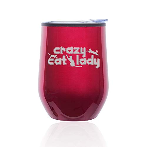 Stemless Wine Tumbler Coffee Travel Mug Glass With Lid Crazy Cat Lady (Fuchsia)