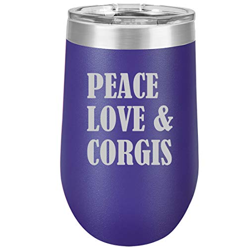 16 oz Double Wall Vacuum Insulated Stainless Steel Stemless Wine Tumbler Glass Coffee Travel Mug With Lid Peace Love & Corgis (Purple)
