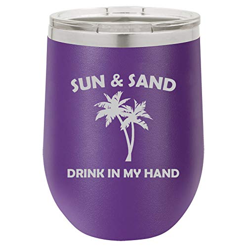 12 oz Double Wall Vacuum Insulated Stainless Steel Stemless Wine Tumbler Glass Coffee Travel Mug With Lid Sun And Sand Drink In My Hand Funny (Purple)