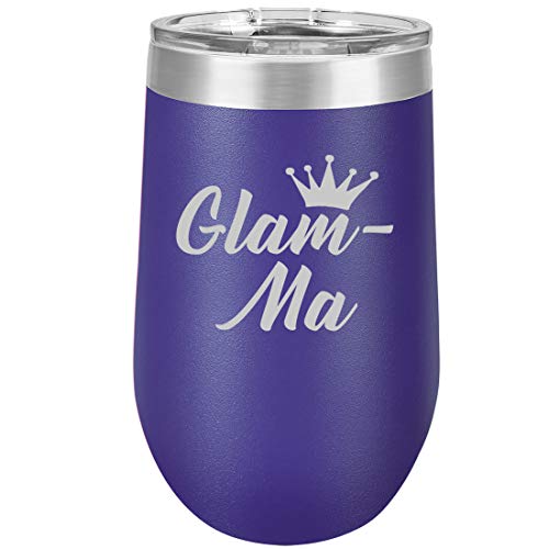 16 oz Double Wall Vacuum Insulated Stainless Steel Stemless Wine Tumbler Glass Coffee Travel Mug With Lid Glam-Ma Mom Mother Grandmother Grandma (Purple)