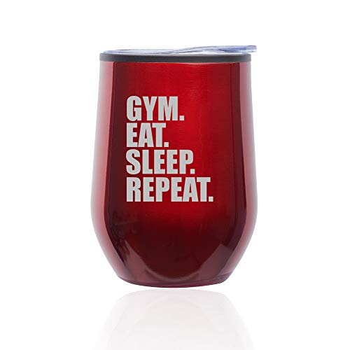 Stemless Wine Tumbler Coffee Travel Mug Glass With Lid Gym Eat Sleep Repeat (Red)