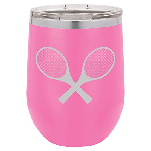 12 oz Double Wall Vacuum Insulated Stainless Steel Stemless Wine Tumbler Glass Coffee Travel Mug With Lid Tennis Racquets (Hot-Pink)