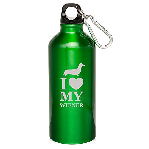 20oz Aluminum Sports Water Bottle Caribiner Clip I Love My w*ener Dachshund Dog (Green)