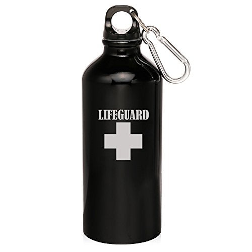 20oz Aluminum Sports Water Bottle Caribiner Clip Lifeguard (Black)