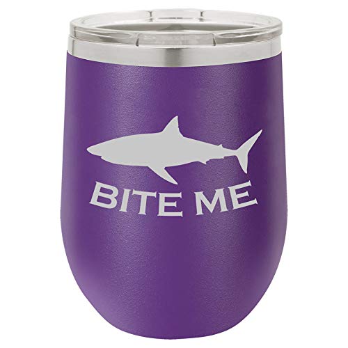 12 oz Double Wall Vacuum Insulated Stainless Steel Stemless Wine Tumbler Glass Coffee Travel Mug With Lid Bite Me Shark Funny (Purple)