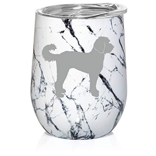 12 oz Double Wall Vacuum Insulated Stainless Steel Marble Stemless Wine Tumbler Glass Coffee Travel Mug With Lid Labradoodle (Black White Marble)