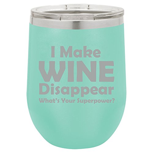 12 oz Double Wall Vacuum Insulated Stainless Steel Stemless Wine Tumbler Glass Coffee Travel Mug With Lid Funny I Make Wine Disappear What's Your Superpower (Teal)