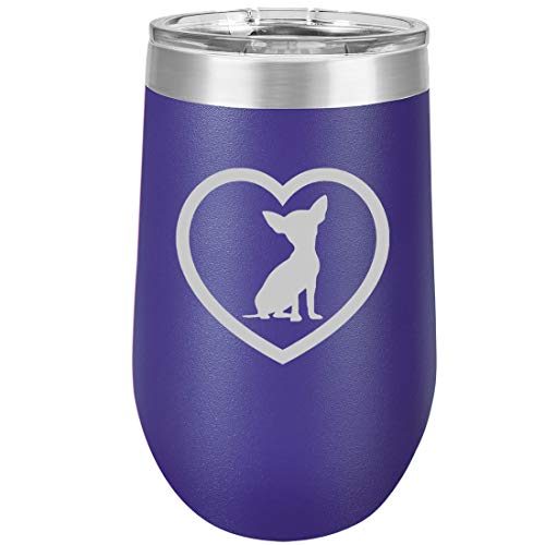 16 oz Double Wall Vacuum Insulated Stainless Steel Stemless Wine Tumbler Glass Coffee Travel Mug With Lid Chihuahua Heart (Purple)