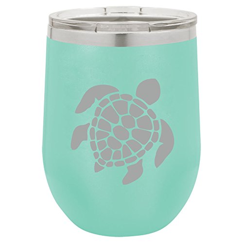 12 oz Double Wall Vacuum Insulated Stainless Steel Stemless Wine Tumbler Glass Coffee Travel Mug With Lid Sea Turtle (Teal)