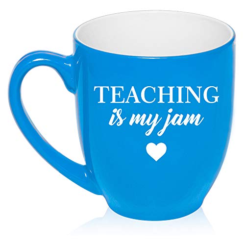 16 oz Large Bistro Mug Ceramic Coffee Tea Glass Cup Teaching Is My Jam Teacher (Light-Blue)