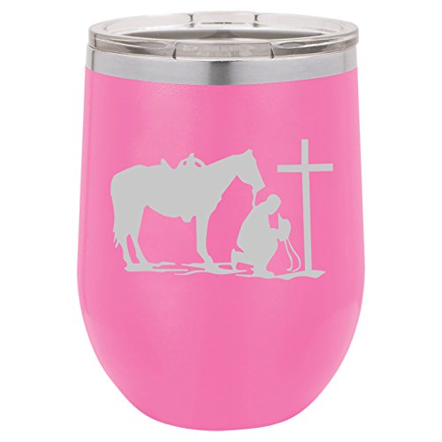 12 oz Double Wall Vacuum Insulated Stainless Steel Stemless Wine Tumbler Glass Coffee Travel Mug With Lid Cowboy Praying Cross Horse (Hot-Pink)