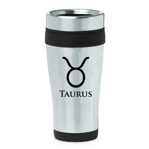 16oz Insulated Stainless Steel Travel Mug Horoscope Zodiac Birth Sign Taurus (Black )