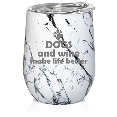 12 oz Double Wall Vacuum Insulated Stainless Steel Marble Stemless Wine Tumbler Glass Coffee Travel Mug With Lid Dogs And Wine Make Life Better (Black White Marble)