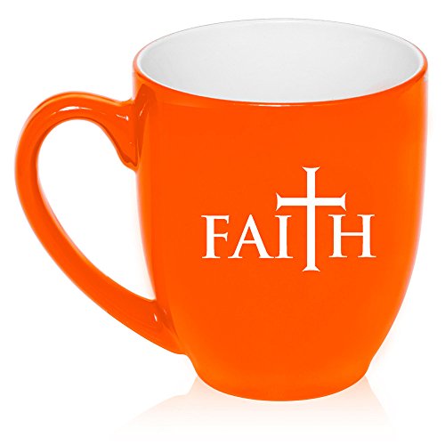 16 oz Large Bistro Mug Ceramic Coffee Tea Glass Cup Faith Cross (Orange)