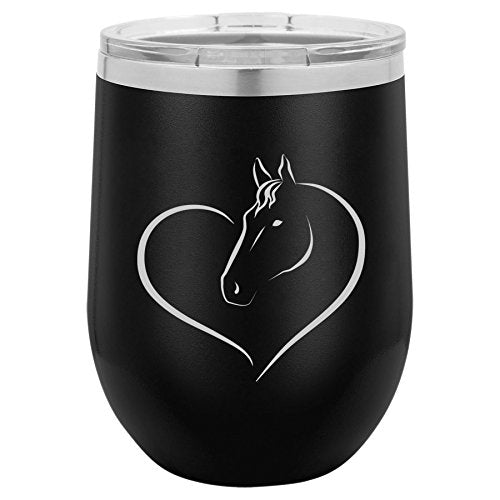 12 oz Double Wall Vacuum Insulated Stainless Steel Stemless Wine Tumbler Glass Coffee Travel Mug With Lid Heart Horse (Black)