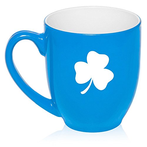 16 oz Large Bistro Mug Ceramic Coffee Tea Glass Cup 3 Leaf Clover Shamrock (Light Blue)